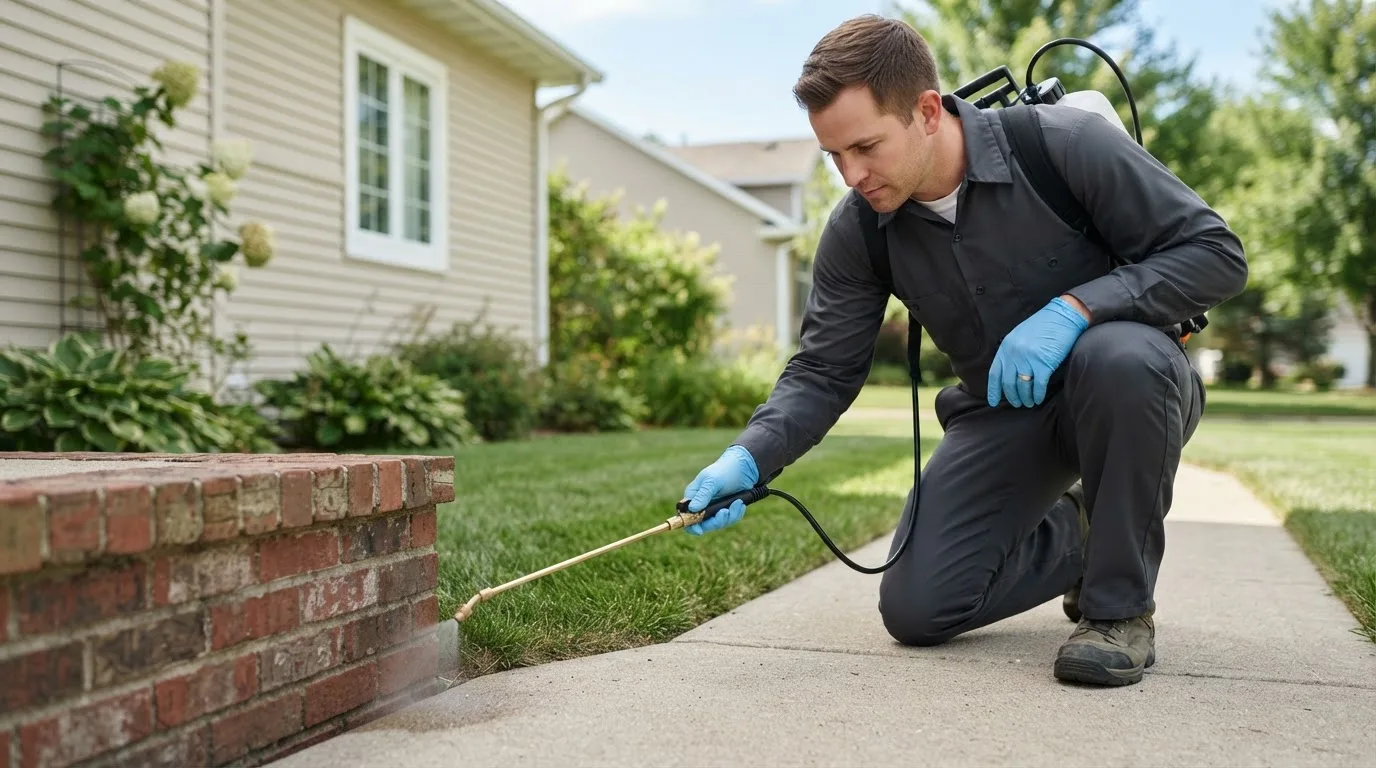 Pest control technician treating a home near Northrop, MN